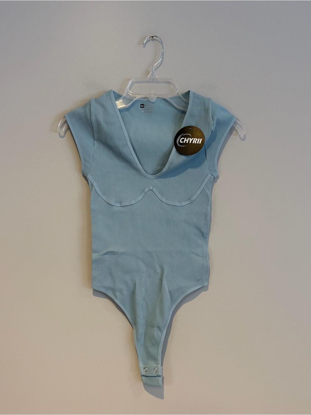 Chyrii Light Blue Ribbed Cap-Sleeve Bodysuit Size M NWT